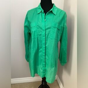 Chico's gauzy button up shirt blouse green semi-sheer lightweight roll tab sz 3